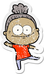 distressed sticker of a cartoon happy old woman