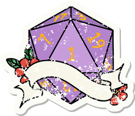 grunge sticker of a natural one d20 dice roll