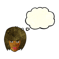 cartoon annoyed girl with big hair with thought bubble