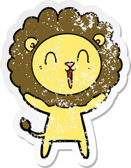 distressed sticker of a laughing lion cartoon