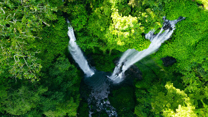 Aerial view of Sekumpul waterfall on Bali island Indonesia - travel and nature background. Drone...