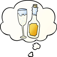 cartoon champagne bottle and glass with thought bubble in smooth gradient style