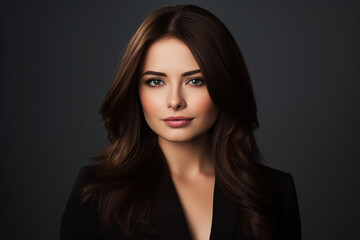 Fototapeta premium A testimonial given by modern matured young business woman with brown hair isolated on black background, Happy woman with good health, Professional confidence modern looking lady in office suit