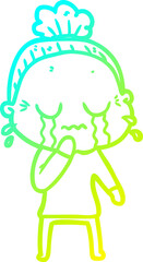 cold gradient line drawing of a cartoon old woman crying