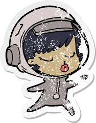 distressed sticker of a cartoon pretty astronaut girl