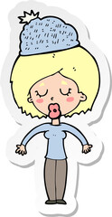 sticker of a cartoon woman wearing winter hat
