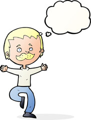 cartoon dancing man with mustache with thought bubble