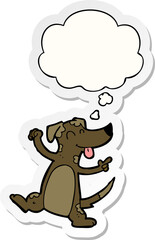 cartoon dancing dog with thought bubble as a printed sticker