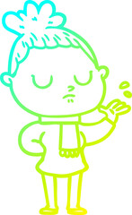 cold gradient line drawing of a cartoon calm woman