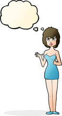 cartoon confused woman in cocktail dress with thought bubble