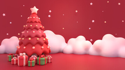 3d rendered red Christmas tree and gifts with empty space.