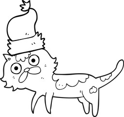 freehand drawn black and white cartoon cat wearing christmas hat