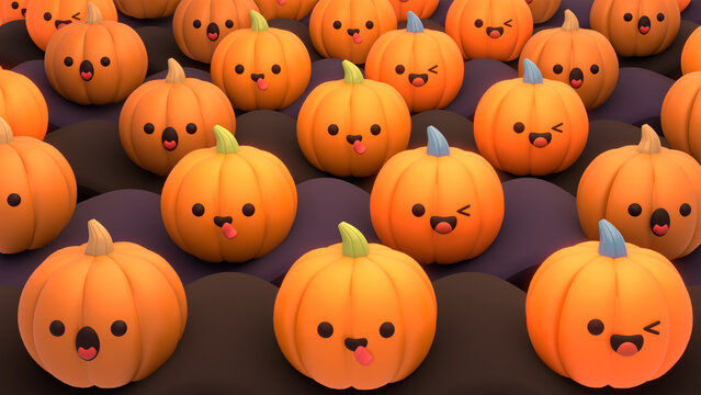3d rendered kawaii Halloween pumpkins.