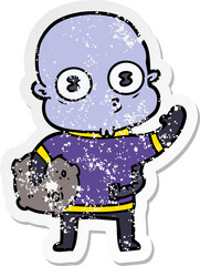 distressed sticker of a waving weird bald spaceman