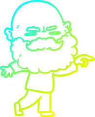 cold gradient line drawing of a cartoon man with beard frowning and pointing