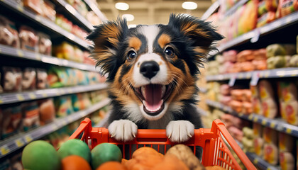 Puppy joyfully shops for pet supplies in a vast superstore.generative ai - obrazy, fototapety, plakaty