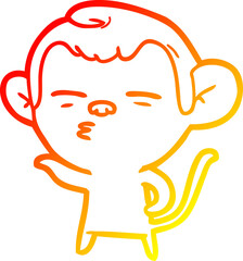 warm gradient line drawing of a cartoon suspicious monkey