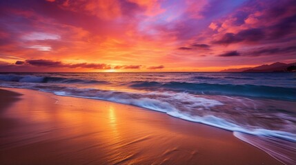 A serene beach sunset with vibrant shades of orange and purple reflecting on the calm waters, creating a magical and serene ambiance.