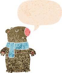 cartoon bear with speech bubble in grunge distressed retro textured style