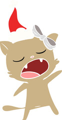 hand drawn flat color illustration of a singing cat wearing santa hat