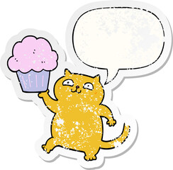 cartoon cat with cupcake with speech bubble distressed distressed old sticker