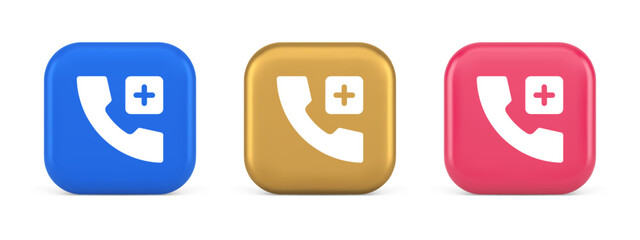 Call phone add emergency hotline service squared button 3d realistic icon