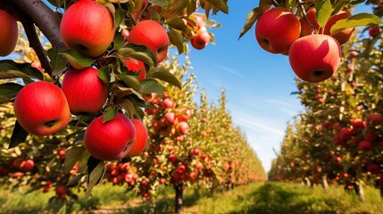 An orchard filled with apple trees heavy with fruit, their leaves transitioning into shades of red and gold.