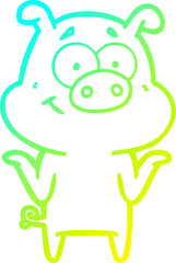 cold gradient line drawing of a happy cartoon pig