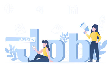 Job search concept. Looking for new job, freelance, recruitment, find opportunity, experience. Apply application by e-mail. Flat vector design illustration with copy space.