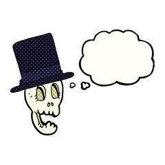 freehand drawn thought bubble cartoon skull wearing top hat