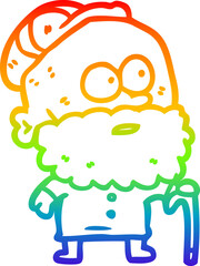 rainbow gradient line drawing of a old man with walking stick and flat cap