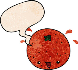 cartoon orange with speech bubble in retro texture style