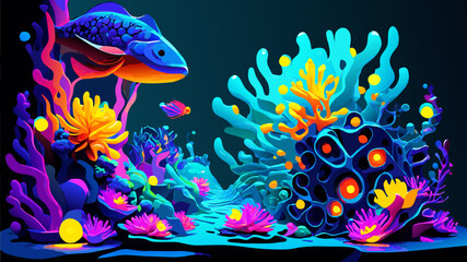 Fish in aquarium. An enchanting underwater world teeming with bioluminescent creatures. Vector illustration.