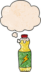 cartoon soda bottle with thought bubble in grunge texture style