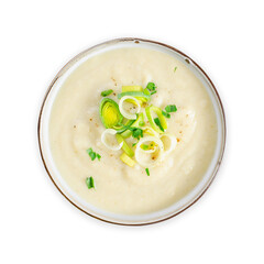 Leek Soup, Comfort Meal, Potato and Leek Creamy Soup, Vegetarian Food on White Background