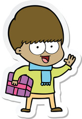 sticker of a happy cartoon boy with present