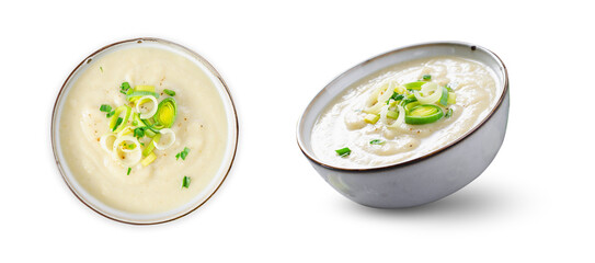 Leek Soup, Comfort Meal, Potato and Leek Creamy Soup, Vegetarian Food on White Background - obrazy, fototapety, plakaty