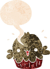 cute cartoon pie with speech bubble in grunge distressed retro textured style