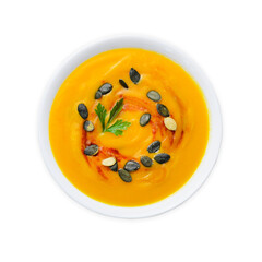 Pumpkin Soup, Tasty Homemade Pumpkin, Sweet Potato or Carrot Soup in a Bowl on White Background