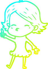 cold gradient line drawing of a cartoon woman with idea