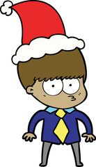 nervous hand drawn line drawing of a boy wearing shirt and tie wearing santa hat