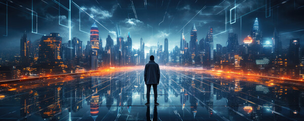 A lonely man in front of night futuristic city illuminated by lights. Horizontal illustration for banners, covers, backgrounds and other modern projects.