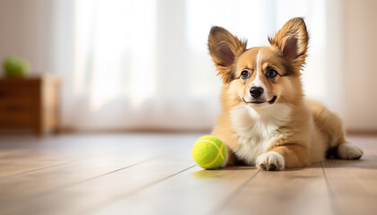 corgi dog with tennis ball - obrazy, fototapety, plakaty