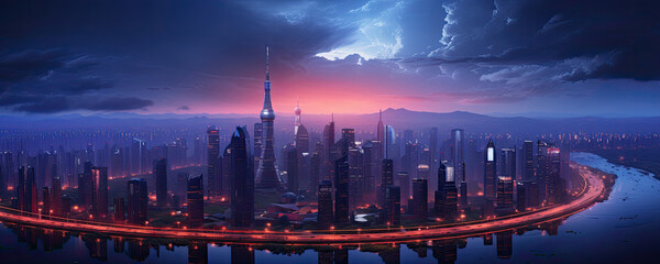 Futuristic ilustration with night cityscape in cyberpunk style. For banners, covers, backgrounds and other modern projects.