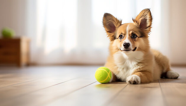 corgi dog with tennis ball