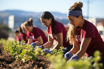 Focused volunteers plant greenery in an urban setting, under clear skies