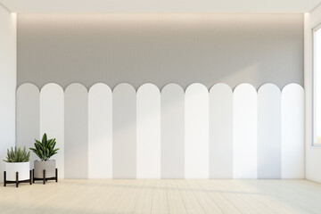 Minimalist playroom with empty space and indoor plant. Decorated with arch wall and gray slatted wall. 3D rendering - obrazy, fototapety, plakaty