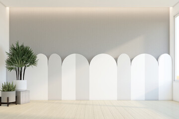 Minimalist playroom with free space and indoor plants. Decorated with curved wall and gray slatted walls. 3D rendering