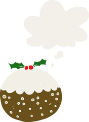 cartoon christmas pudding with thought bubble in retro style