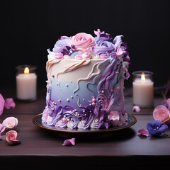 Gorgeous pastel color birthday cake with flowers, Generative AI